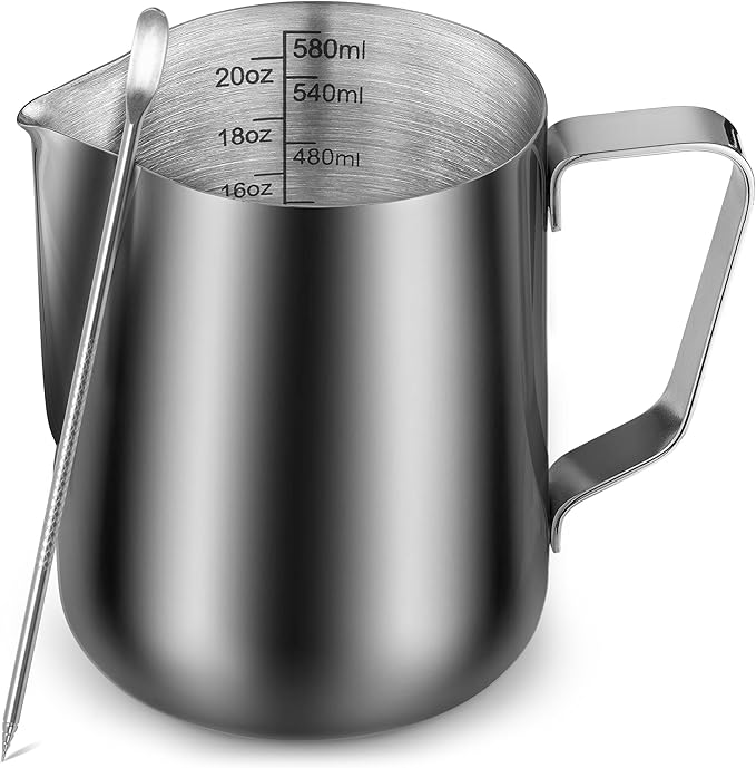 Zulay Milk Frothing Pitcher with Latte Art Pen – 12oz 20oz 32oz - Stainless Steel Frother Cup with Measurement Markings, Espresso & Coffee Accessories Creamer Jug with Laser-Welded Handle - 20 oz