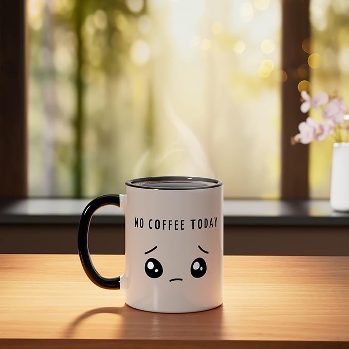 No Coffee Today - Minimalist Sad Face Caffeine Lover Ceramic Mug, Black/White