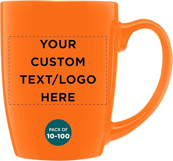 DISCOUNT PROMOS Custom Curved Java Coffee Mug 12 oz. Set of 10/50/100 - Personalized Bulk Pack - Stoneware Restaurant Cups - Orange