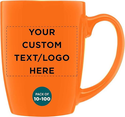 DISCOUNT PROMOS Custom Curved Java Coffee Mug 12 oz. Set of 10/50/100 - Personalized Bulk Pack - Stoneware Restaurant Cups - Orange