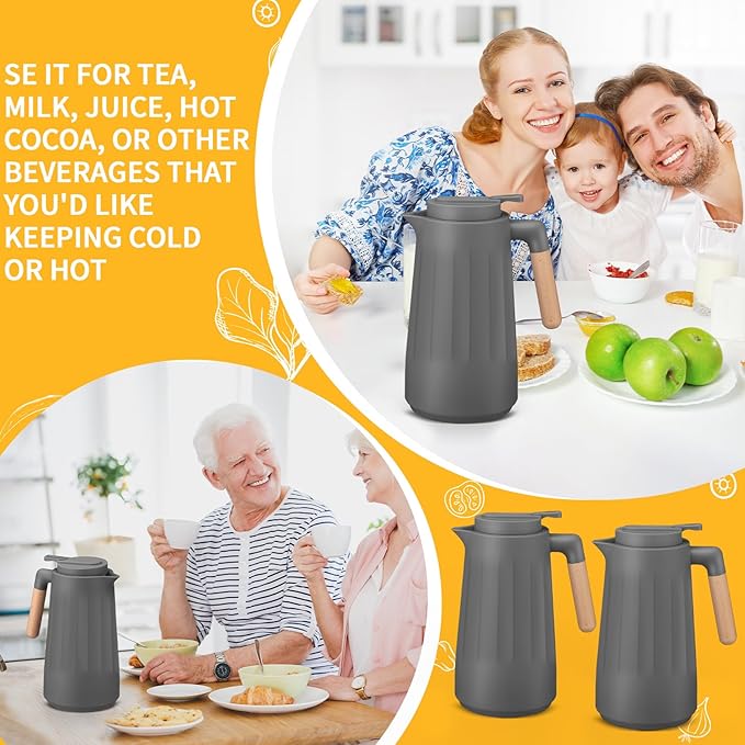 2 Pcs 34 oz Thermal Coffee Carafe for Keeping Hot/Cold Double Wall Vacuum Carafe with Insulated Glass Liner and Wood Handle Coffee Pot Container for Drinks Milk Tea Chocolates(Gray)