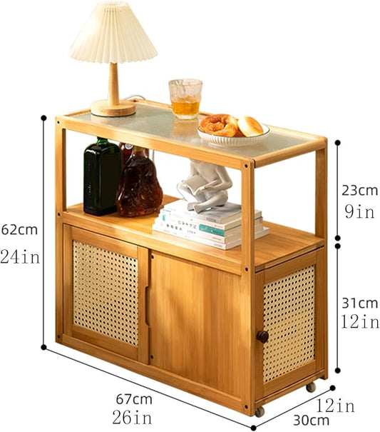 Side Table Glass Top Movable End Table Coffee Station Table, MDF Coffee Bar Stand Cart with Storage Coffee Table on Wheels,for Home Kitchen, Entryway, Living Room,Dining Room(Black)