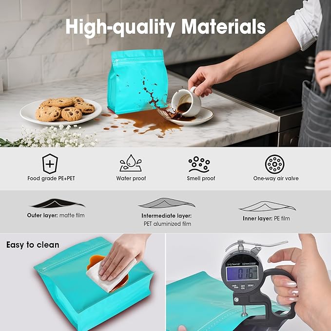 50 Count 16oz Coffee Bags with Valve,1lb Vented Coffee Beans Packaging Bags High Barrier Aluminumed Foil Flat Bottom Heat Sealed Side Zipper Resealable Storage Bag for Home or Business（Blue）