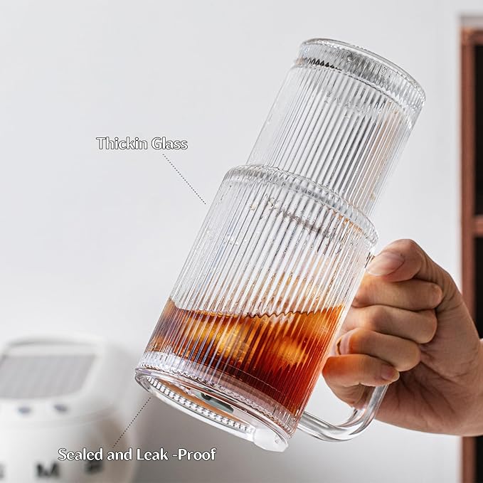 INSETLAN 26oz Ribbed Glass Tumbler with Handle & Lid – 2-Pack Large Iced Coffee Cups with Straws, Modern Glass Mug for Cold & Hot Beverages, Aesthetic Travel Cup for Smoothies, Tea, and Juice