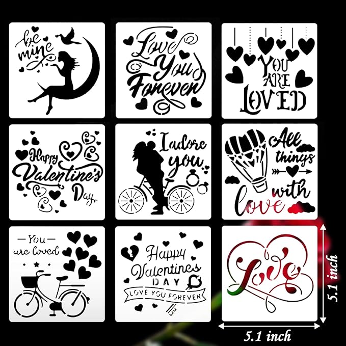 Valentines Day Cake Stencils Kit Reusable Cookie Coffee Stencil Drawing Template for Dessert Buttercream Painting Envelopes DIY Crafts Wall Floor Decor (9 Pcs Love Words)