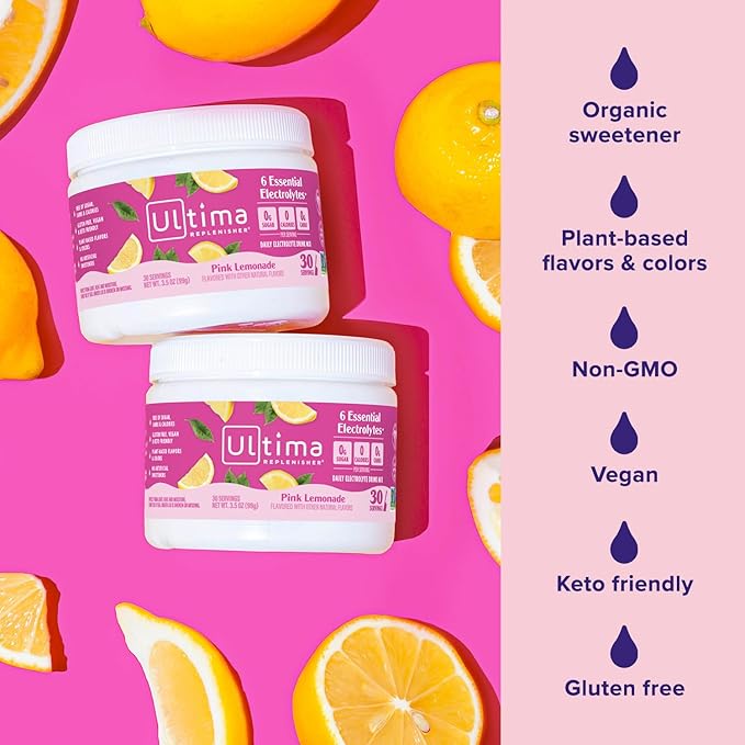 Ultima Replenisher Daily Electrolyte Powder Drink Mix – Sugar Free – Pink Lemonade, 30 Serving – Hydration Powder with 6 Key Electrolytes and Trace Minerals – Keto Friendly, Vegan, Non-GMO