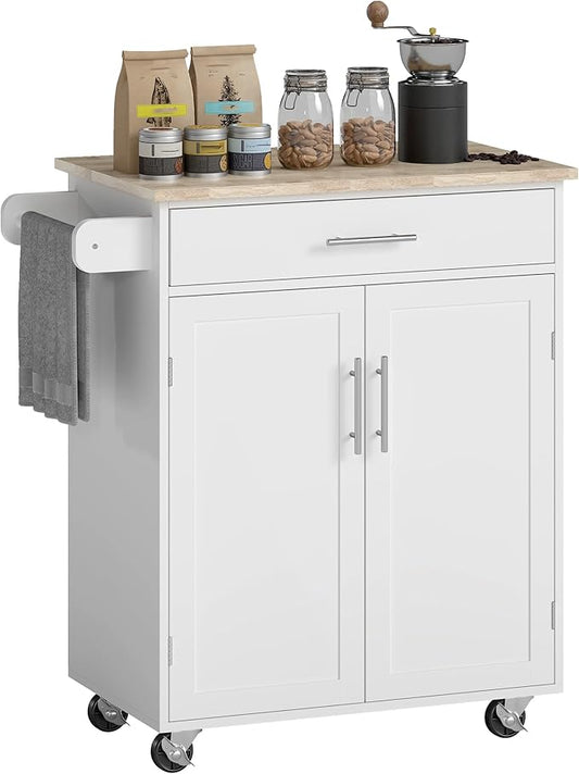 HOMCOM Kitchen Island Cart, Rolling Island Table with Solid Wood Top, Trolley Cart with Drawer, Storage Cabinet & Towel Rack, White