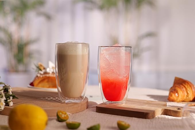 CNGLASS Double Wall Thermo Glass Cup 13.5 oz,Insulated Glass Coffee Set of 2