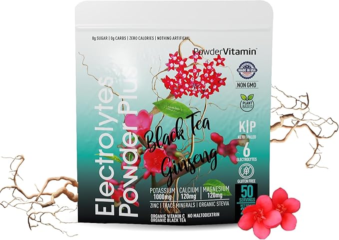 PowderVitamin Electrolytes Powder Plus (50 Servings) Black Tea Ginseng Electrolyte Powder Keto, Sugar Free, Pink Himalayan Salt,1000mg Potassium,120mg Calcium,120mg Magnesium, Hydration Powder