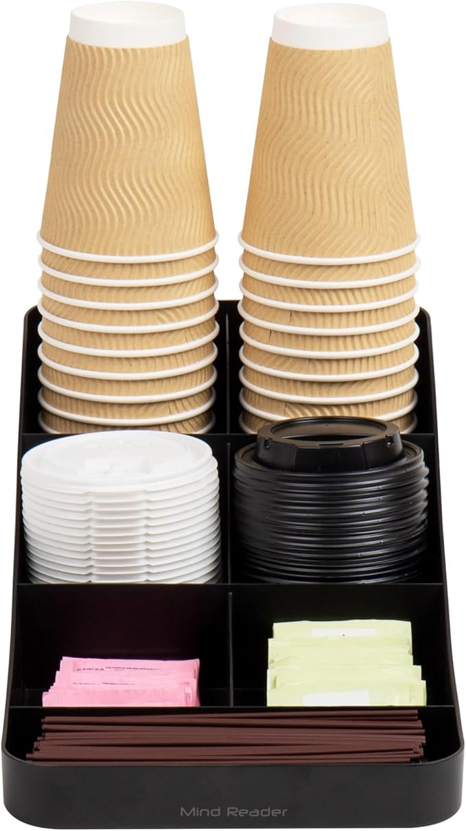 Mind Reader Cup and Condiment Station, Set of 2, Countertop Organizer, Coffee Bar, Kitchen, 7.25"L x 15.5"W x 5.25"H, Black