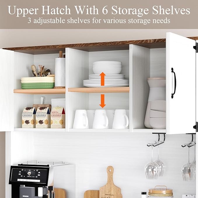 72" Farmhosue Coffee Bar Cabinet with Storage Shelves and 3 Drawers, Kitchen Hutch Storage Cabinet with Sliding Barn Door & Wine Racks & Wine Glass Holder, Bar Cabinets for Home/Living Room, White
