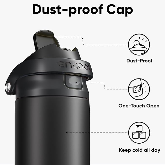 ENCOOL Leakproof Insulated Water Bottle with Straw Dual-Sip Water Bottle Bag-Safe Design for Work, Commute & Gym – Keeps Drinks Cold All Day, 24 oz, Jet Black