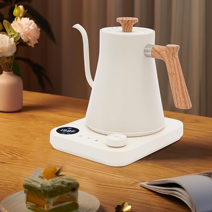 Electric Gooseneck Kettle, 1200W Precision Gooseneck Spout Designed with LED display, Digital Goose Neck Kettle for Quick Heat Up, Stainless Steel, White, 104-212 °F