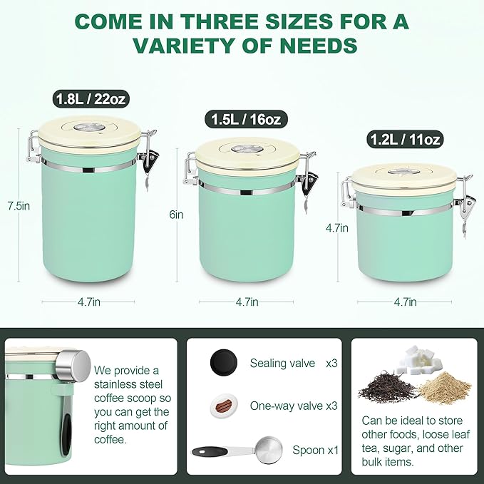 ShanSon Coffee Canister Airtight Coffee Container Stainless Steel Coffee Bean Storage Container with Scoop Coffee Canister for Beans Grounds Sugar Flour Tea Cereal,22OZ,Green
