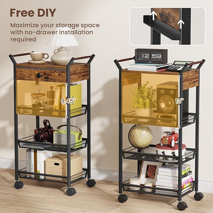 Large Fruit Vegetable Storage Cart, 5-Tier Kitchen Rolling Cart with Wheels & Drawer, Metal Wire Storage Basket Organizer Baskets for Kitchen, Pantry, Bathroom