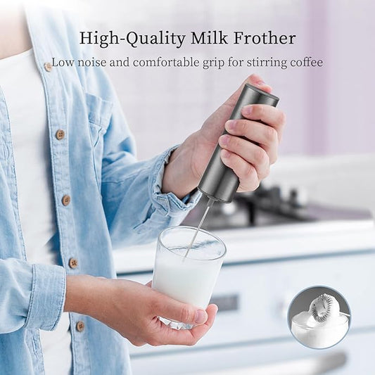 Battery Operated Coffee Frother by ELMWAY, Stainless Steel Electric Whisk, Mini Milk Frother Handled for Coffee, Latte, Matcha and Protein Powder (Gunmetal without Stand)