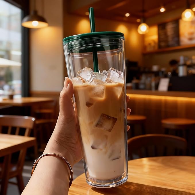 24oz Tumbler with Lid and Straw, Leak Proof and Double Wall Insulated Reusable Plastic Cups,Travel Reusable Iced Coffee Cup (1, Green)