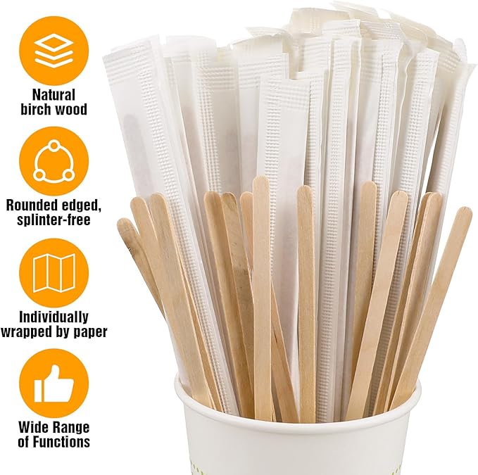 2000 Pcs Individually Wrapped Coffee Stirrers 5.5 Inch Round End Disposable Wood Coffe Stir Sticks for Coffee, Cocktail Wood Blenders for butter sugar, Craft Stick