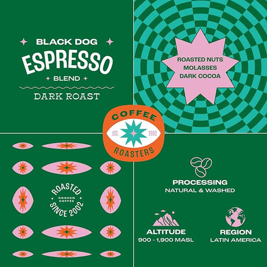 Goshen Coffee Roasters Whole Bean Black Dog Espresso Blend | Dark Roast, Espresso or Brewed | Award-Winning, Natural and Washed | Roasted Nuts, Molasses, Dark Cocoa Flavors | 2 Lb Bag