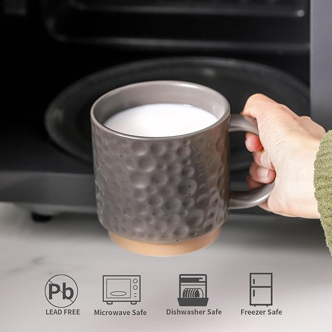 Nihow Ceramic Coffee Mug Set of 4, 16OZ Stackable Coffee Mug Set with Stainless Stand,Large Cup Set for Cappuccino,Tea,Hot/Cold Drinks,Dishwasher & Microwave Safe,Matte Gray
