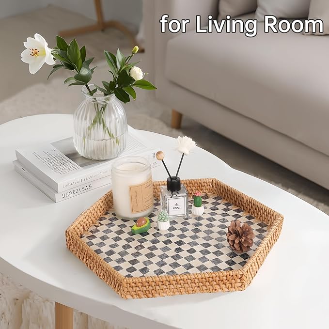 Hexagon Rattan Tray with Mother of Pearl Inlay, Rattan Serving Tray for Coffee, Bread, Fruits, Snacks, Decorative Wicker Tray for Table Decor, Home Decor (Black Checker, 14.5"×12.8")