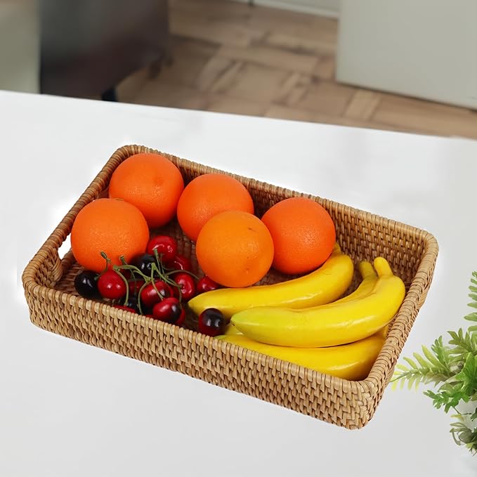 Rattan Serving Tray, Rectangle Coffee Table Tray with Handles, Decorative Ottoman Tea Tray Wicker Basket for Coffee, Bread, Fruits, Snacks, Breakfast, Drinks, Table Decor