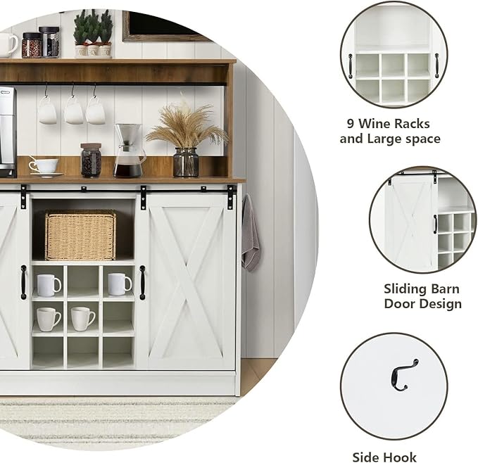 4ever2buy Farmhouse Coffee Bar Cabinet with Hutch, 47 Inch Buffet Cabinet with Storage, White Wine Bar with 9 Wine Racks and 6 Hooks, Coffee Bar Table with Adjustable Shelves for Living Dining Room
