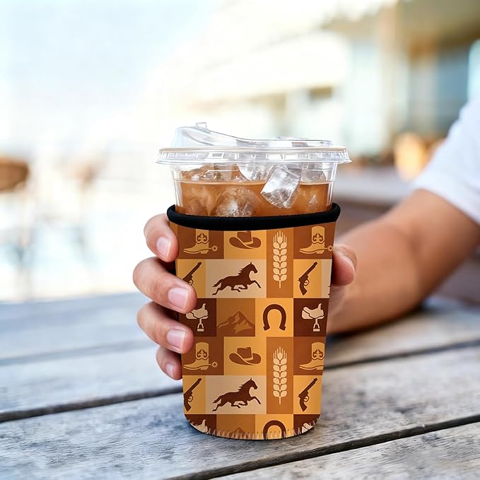 Neoprene Iced Coffee Sleeve 3 Pack, Reusable Insulated Coffee Cup Sleeves with Western Cowboy Pattern, Fits 16–32 oz Tumblers, Compatible with Starbucks & Dunkin