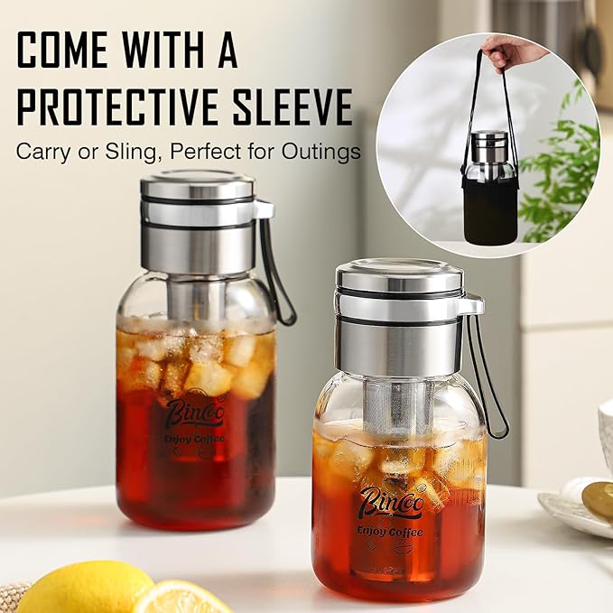 Bincoo Tea Infuser Bottle Glass Cold Brew Coffee Maker with Extended Long Filter – Premium, Durable, Easy-to-Clean Glass Bottle Stainless Steel Filter for Smooth Coffee & Tea (17oz / 500ml)