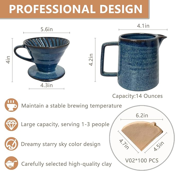 Ceramic Pour Over Coffee Maker Set, Starry Blue Coffee Dripper Cone with 40 Filters, 14 Ounces/400ml Pot