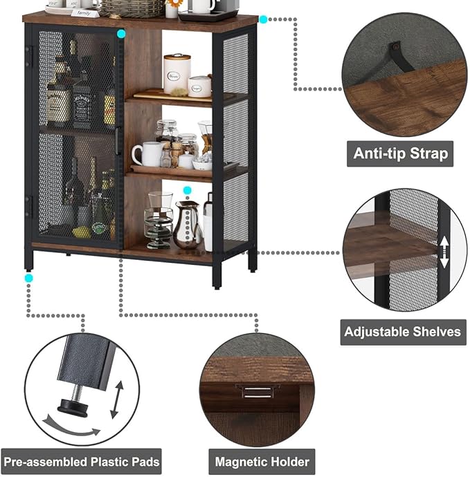 BON AUGURE Industrial Coffee Bar Cabinet for Home, Rustic Console Table Behind Couch, Wood and Metal Furniture Set for Living Room(Rustic)