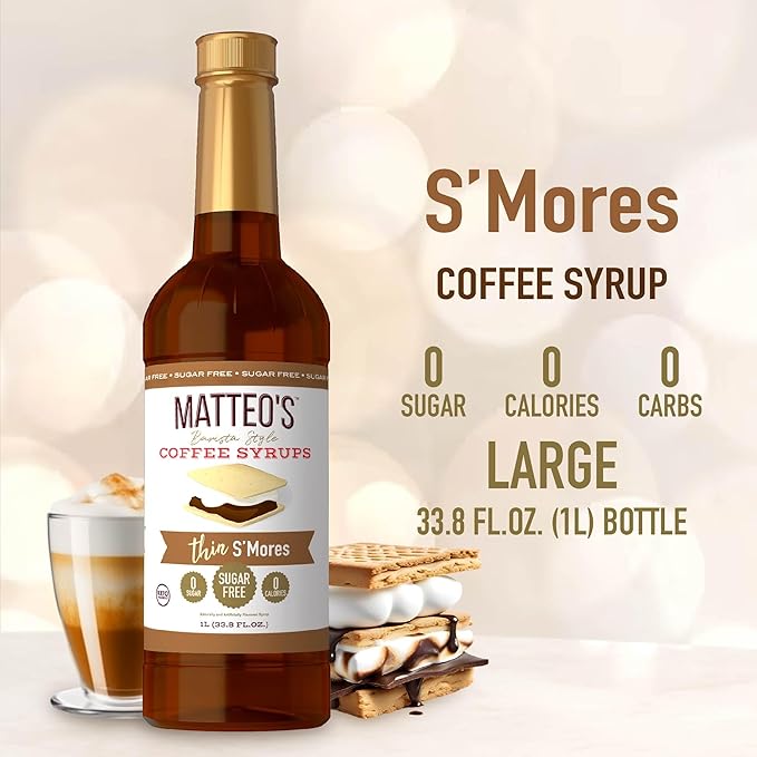 Matteo's S'mores Syrup for Coffee, Lattes, Cappuccinos & Desserts – Sugar-Free Sweetener for Beverages, Keto Friendly, Zero Calories, Indulgent Flavor, Non-Alcoholic, Ideal for Hot Drinks 33.8oz (1pk)