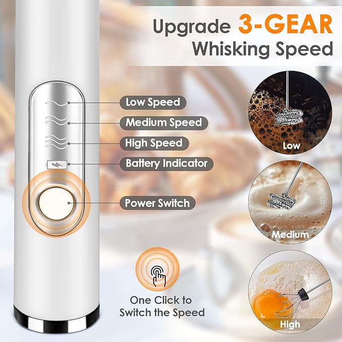 Rechargeable Handheld Milk Frother – 3-Speed Electric Foam Wand for Lattes, Cappuccino & Matcha