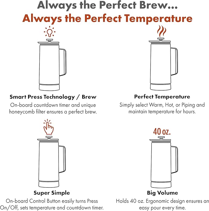 Nextmug Press - Temperature-Controlled, Self-Heating French Press (White - 40 oz.)