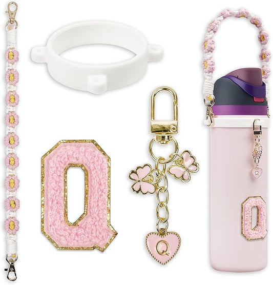 Compatible with Owala Water Bottle Accessories, Cute Letter Charm Set with Boho Handle Strap, Monogram Sticker, Silicone Ring, Keychain Decoration, for FreeSip 24 32 40oz, Owala Kids, Tumbler Gift