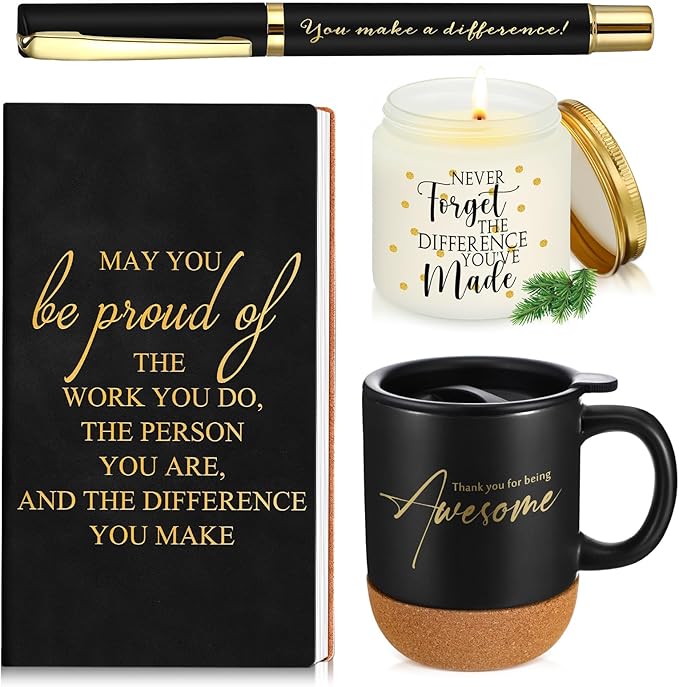 4 Pcs Thank You Gift for Men Women Employee Coworker Inspirational Appreciation Notebook Coffee Mug Scented Candle Pen Gift for Valentine's Day Team Office Staff Teacher Volunteer(Black)