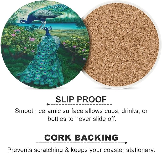 Round-6PCS Peacock Drink Coasters, Round Modern Ceramic Absorbent Coasters, Vintage Tree Branch Beautiful Plant Floral Green Peacock Decor Desk Coffee Table Coaster for Beverage Cup Tea Coasters