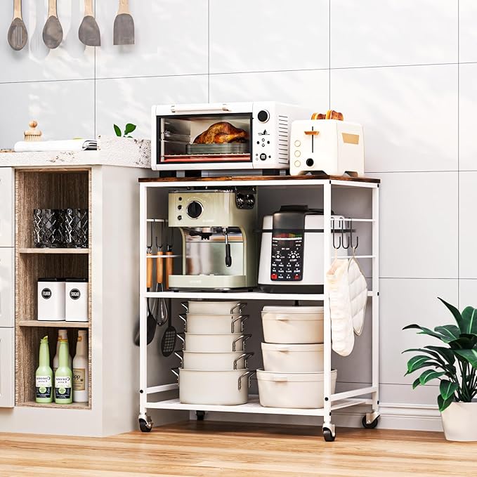 Abiglifty 3-Tier Rolling Kitchen Cart, Microwave Cart with Lockable Wheels, Kitchen Utility Cart, Mobile Microwave Stand with Storage for Living Room, Office, Balcony, Bathroom,White