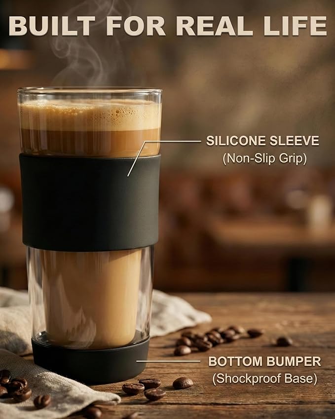 14oz Double Walled Glass Coffee Tumbler with Full Glass Lid & Silicone Sleeve - Non-Slip Insulated Travel Mug with Protective Bottom Bumper - 100% Plastic-Free