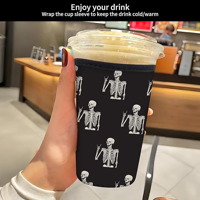 Reusable Neoprene Insulator Sleeve for Iced Coffee Cold Soda Cups, Cute Durable Drink Sleeve for Cold Beverages, Medium 22-28oz Cup Sleeve Cute Funny Skull