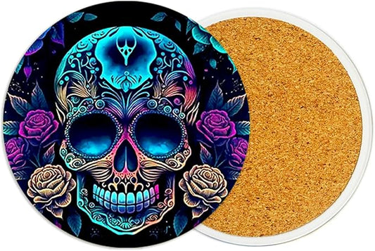 2Pack Colorful Skull Ceramic Coasters Absorbent Coasters for Drinks with Cork Base,Skeleton Coaster for Table Office Desk Decor Coffee Cup Wine Beer Bar Cup Mat 3.9 Inch,Gifts for Women,Men,Dad