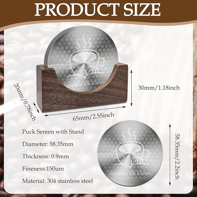 2 Pack 58.35mm Espresso Puck Screen with Stand, 0.9mm 150μm Ultra Thin Reusable Coffee Filter Compatible with Breville Barista 58.5mm Portafilter Basket, 304 Stainless Steel Espresso Machine Accessory