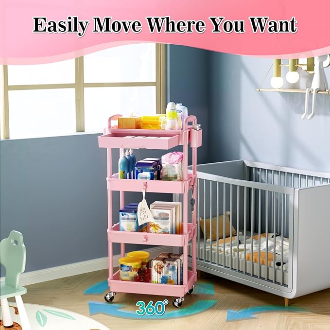 4 Tier Rolling Utility Cart with Drawer, Storage Organizer Cart with 2 Lockable Wheels, Multifunctional Rolling Storage Cart for Bathroom, Kitchen, Craft, Makeup, Baby Essentials, Pink