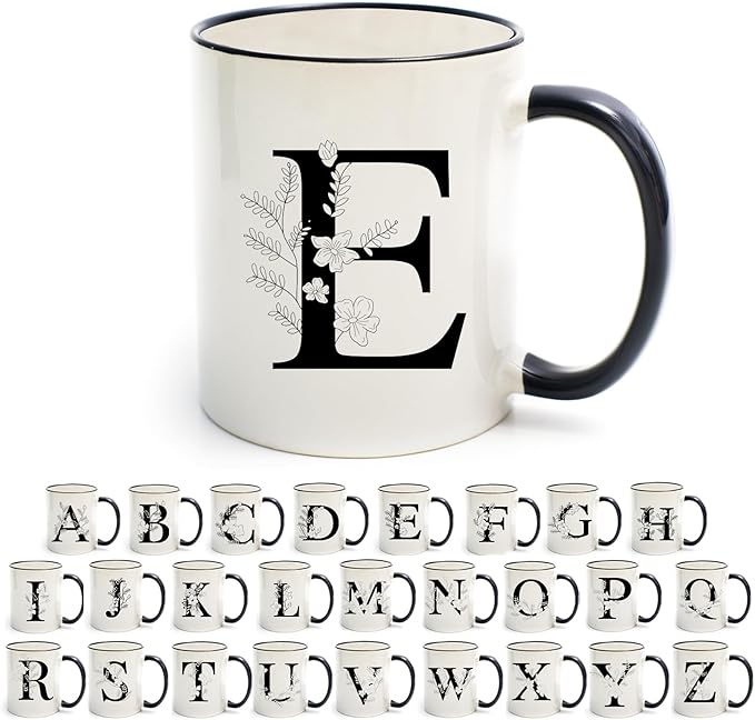 Monogram Ceramic Coffee Mugs, 11 oz Initial Drinking Cup with Gift Box, Unique Birthday Christmas Gifts for Women Wife Mothers Day Grandma Mom Aunt, E
