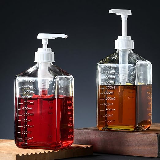 Large Capacity Syrup Dispenser for Coffee Bar, 37oz 1100ml Glass Syrup Bottle w Measuring Cup and Funnel, Dispenser Bottle w Upgraded Pump