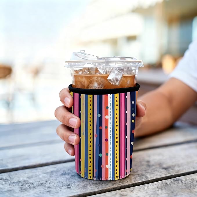 Neoprene Iced Coffee Sleeve 3 Pack, Reusable Insulated Cup Holder with Colorful Stripe & Polka Dot Pattern, Fits 16–32 oz Tumblers, Compatible with Starbucks & Dunkin