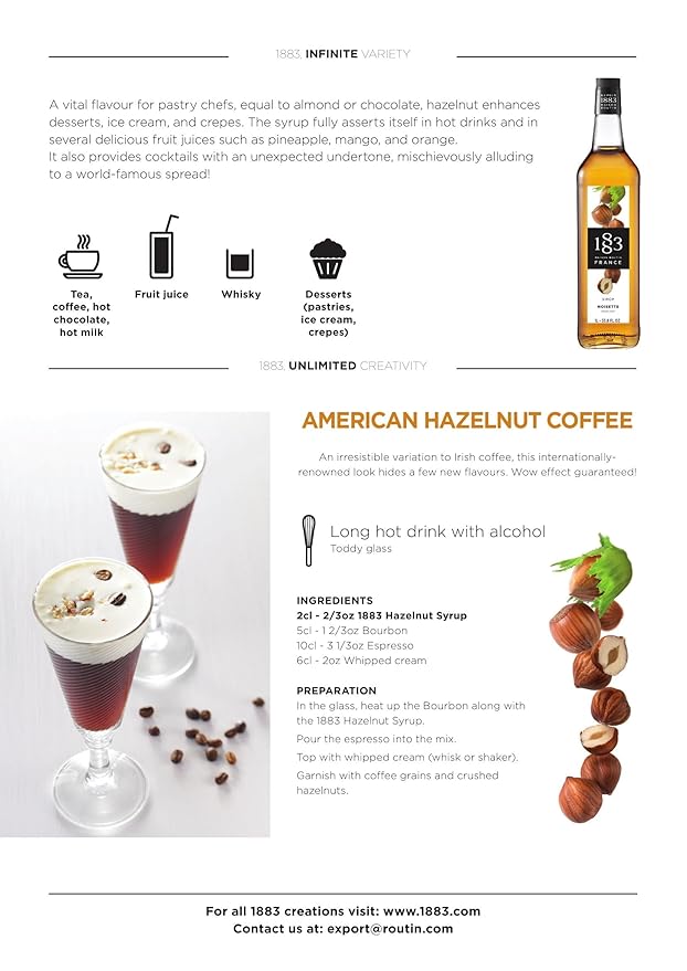 1883 Hazelnut Syrup - Flavored Syrup for Hot & Iced Beverages, Nutty Flavor - Gluten-Free, Vegan, Non-GMO, Kosher, Preservative-Free, Made in France | 1 Liter (33.8 Fl Oz)