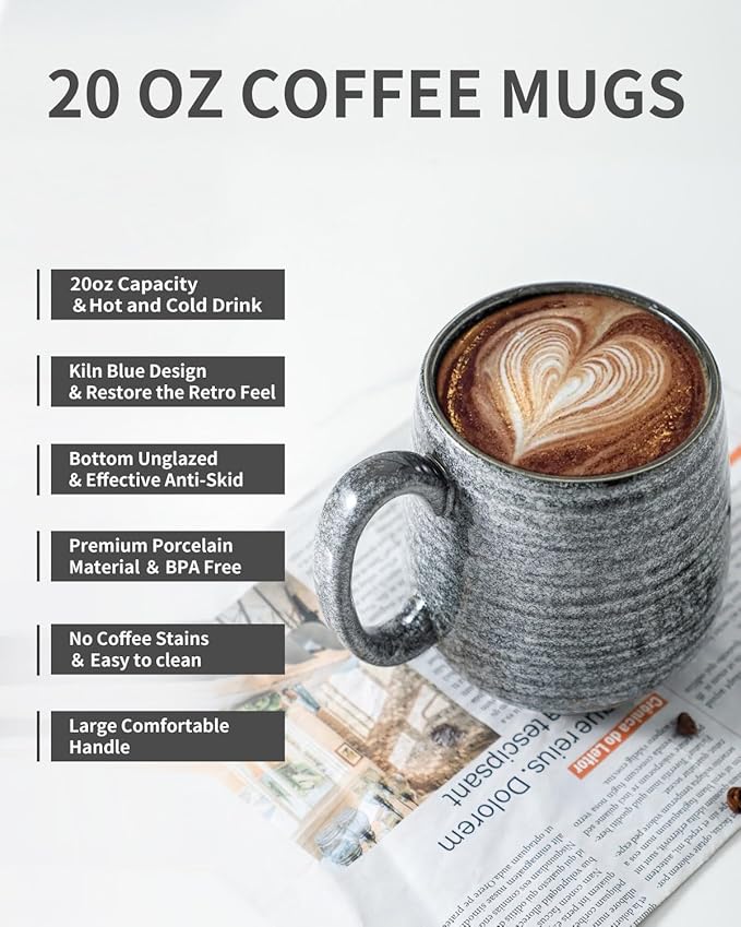 Hasense Large Coffee Mug, 20 oz Porcelain Coffee Cup with Big Handle Easy to Hold, Big Coffee Mug for Latte Coffee Tea Soup as Friend Gifts, Dishwasher and Microwave Safe, 1 PCS (Dark Grey)