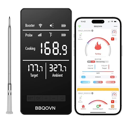 BBQOVN Smart WiFi Wireless Meat Thermometer Unlimited Range 7 NIST Cert.Sensors Accuracy ±0.5°F Sub-1G (10X Stronger than Bluetooth)APP&Digital Base,Monitor for BBQ, Grill,Oven, Smoker(1,Silver,Small)