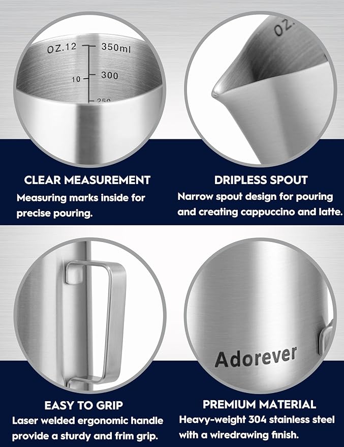 Milk Frothing Pitcher, 32oz Stainless Steel Milk Frother Cup Steaming Pitcher, Cappuccino Espresso Accessories Coffee Bar Barista Tools, Metal Steamer Cup Milk Jug with Latte Art Pen, Matte Steel